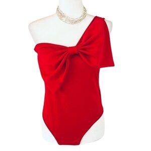 ❤️ Sexy & Chic Red One-Shoulder Bow Front Bodysuit – Size L 💃✨